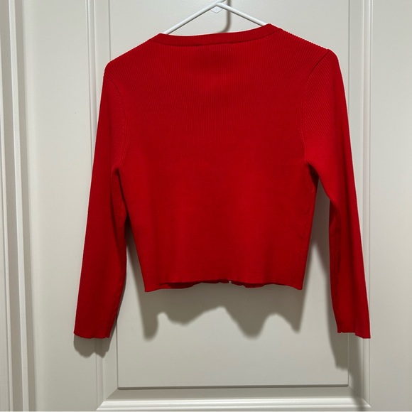 DKNY juniors women’s size L, Vibrant Red Crop Knit Zip-Up sweater. Like new - Picture 2 of 6